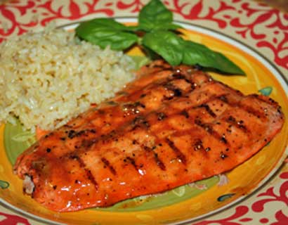 Coho Salmon grilled with a chile honey mustard glaze-delish!